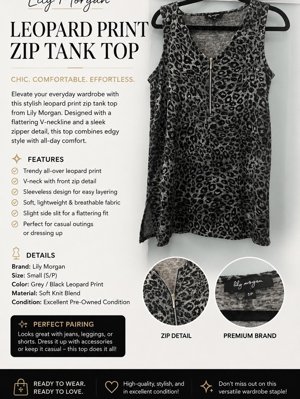Grey/Black Leopard Zip Tank Top